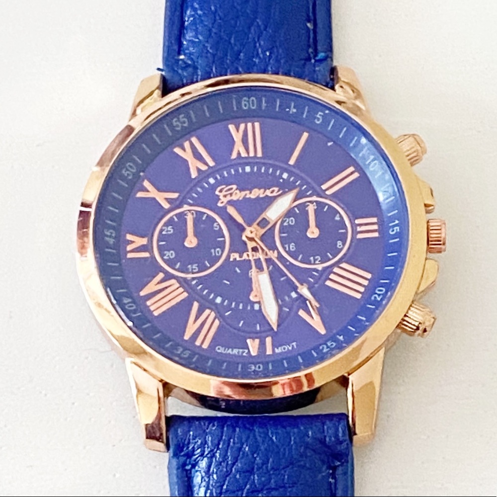 Geneva Platinum - Vibrant Blue Watch with Faux Leather Strap
